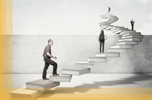 Personen steigen eine surreale Treppe hinauf